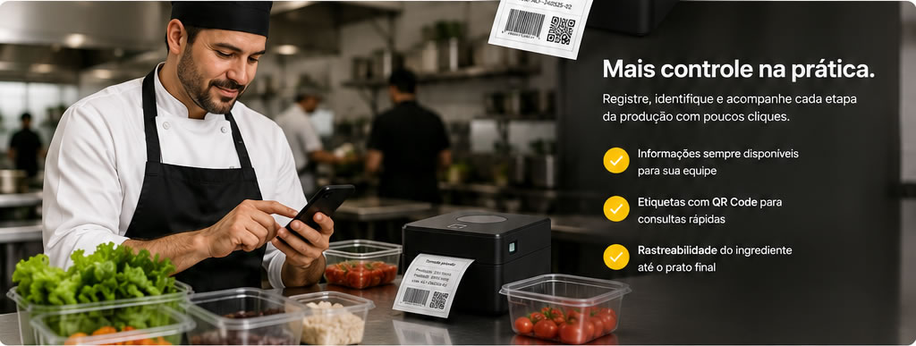 Chef gerando etiqueta com QR Code de validade durante a produção na cozinha