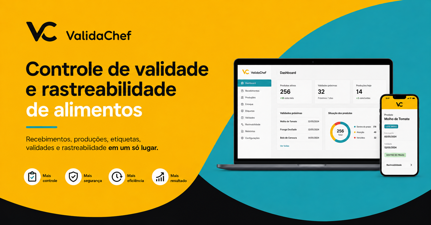 ValidaChef para controle de validade e rastreabilidade de alimentos, com dashboard e visualização em computador e celular