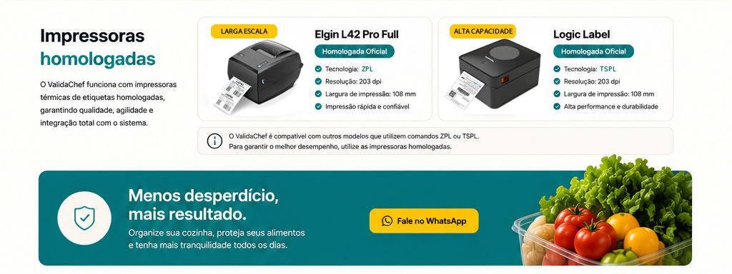 Impressoras térmicas homologadas Elgin L42 Pro Full (ZPL) e Logic Label (TSPL) compatíveis com o ValidaChef